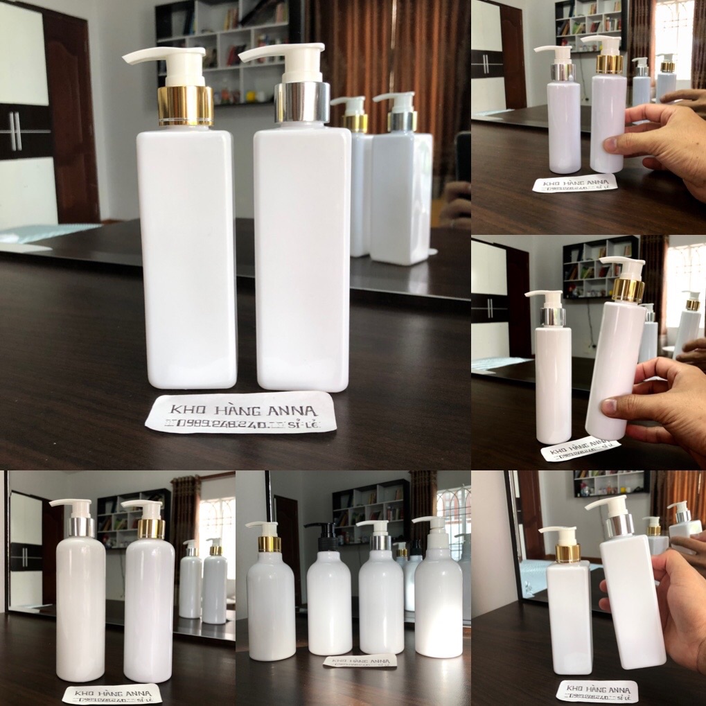 2 chai Lọ hủ nhựa màu trắng vòi nhấn Xi vàng / xi bạc - Combo 2 chai đựng dầu gội màu trắng 100ml/ 150ml / 200ml / 250ml / 300ml - Vỏ chai nhựa đựng Mỹ phẩm , đựng dầu xả màu trắng đục vòi nhấn nhỏ giọt xi vàng / xi bạc