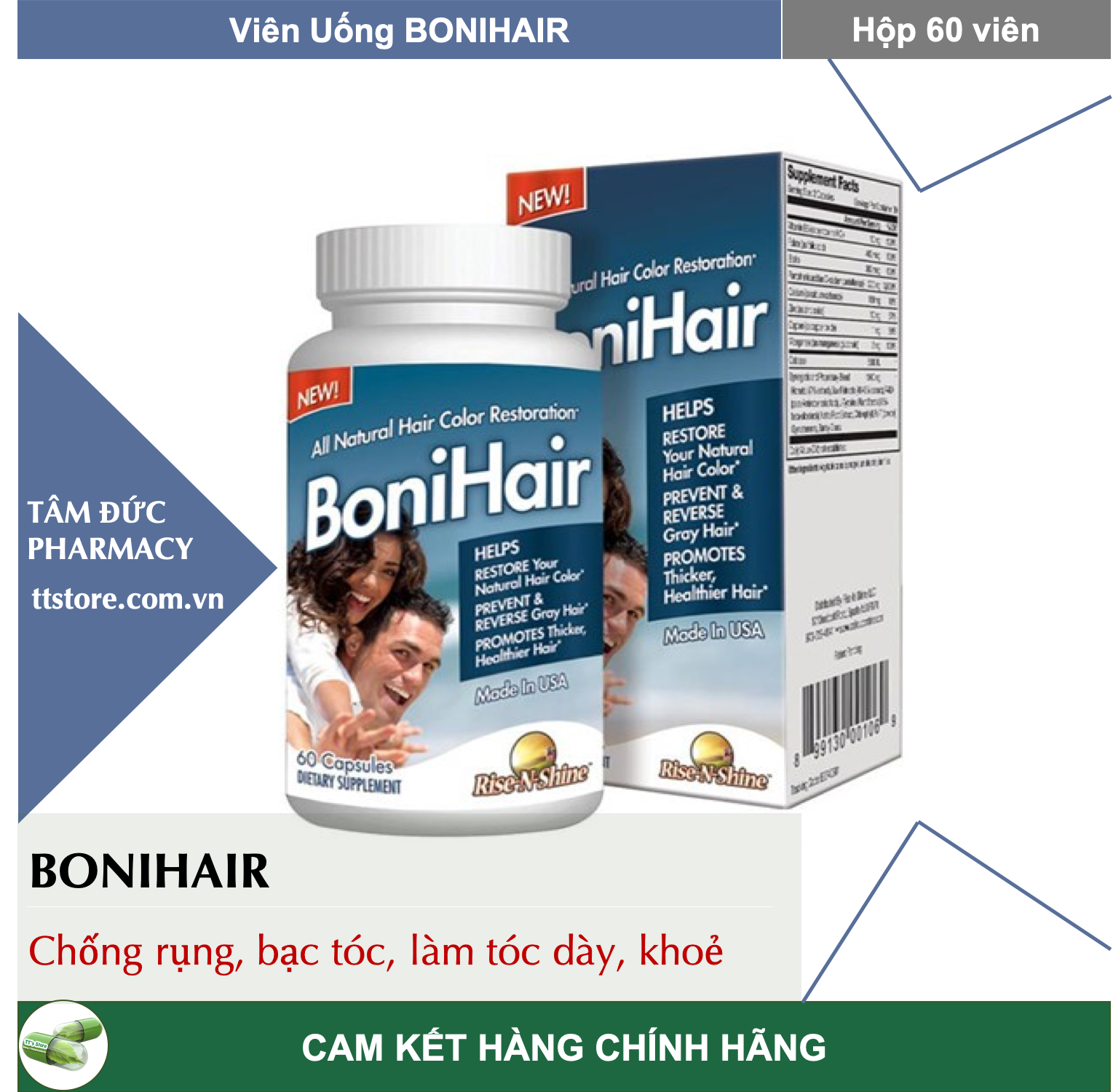 BoniHair USA Hộp 30 viên - Viên uống Boni Hair ngăn ngừa bạc tóc, rụng tóc.