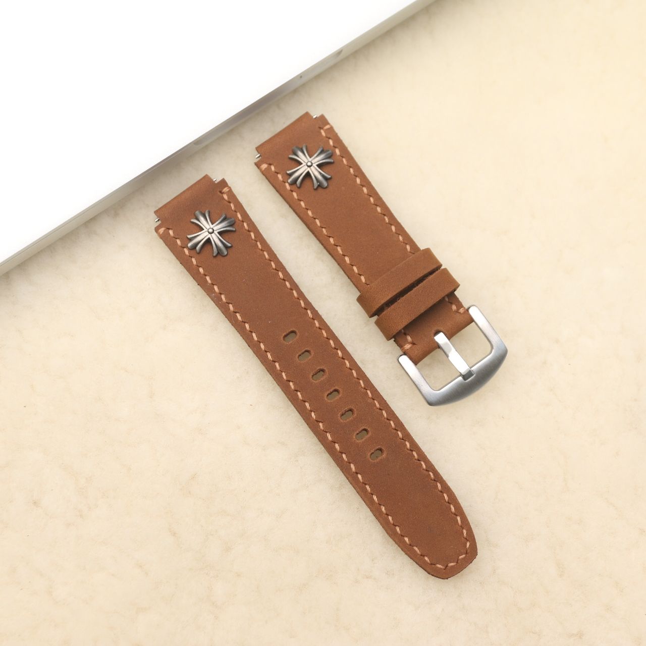 Dây da thay thế đồng hồ Casio AE1200 da bò sáp Nâu vàng bò Rivet Handmade