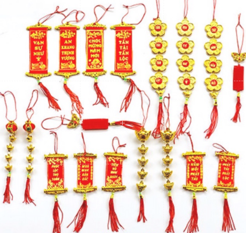 sỉ dây liễng trang trí tết vàng đại chữ việt in trên vải nhung B4