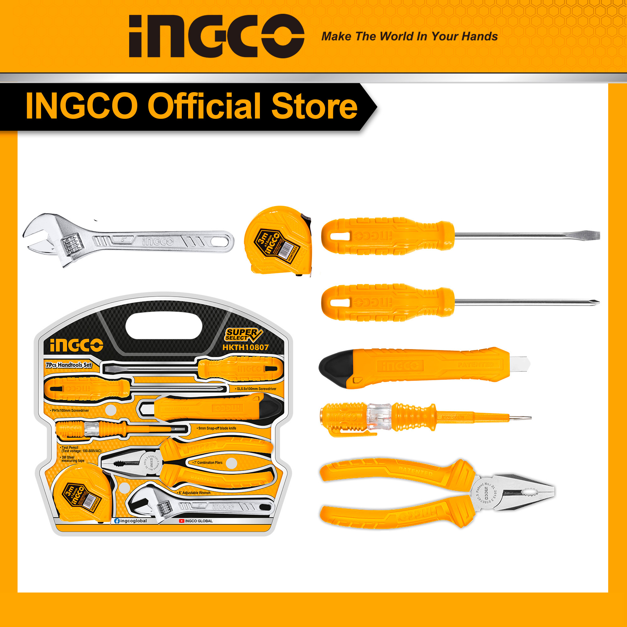 Bộ 7 dụng cụ cầm tay INGCO HKTH10807 búa tua vít kìm mỏ lết dao thước bút thử điện