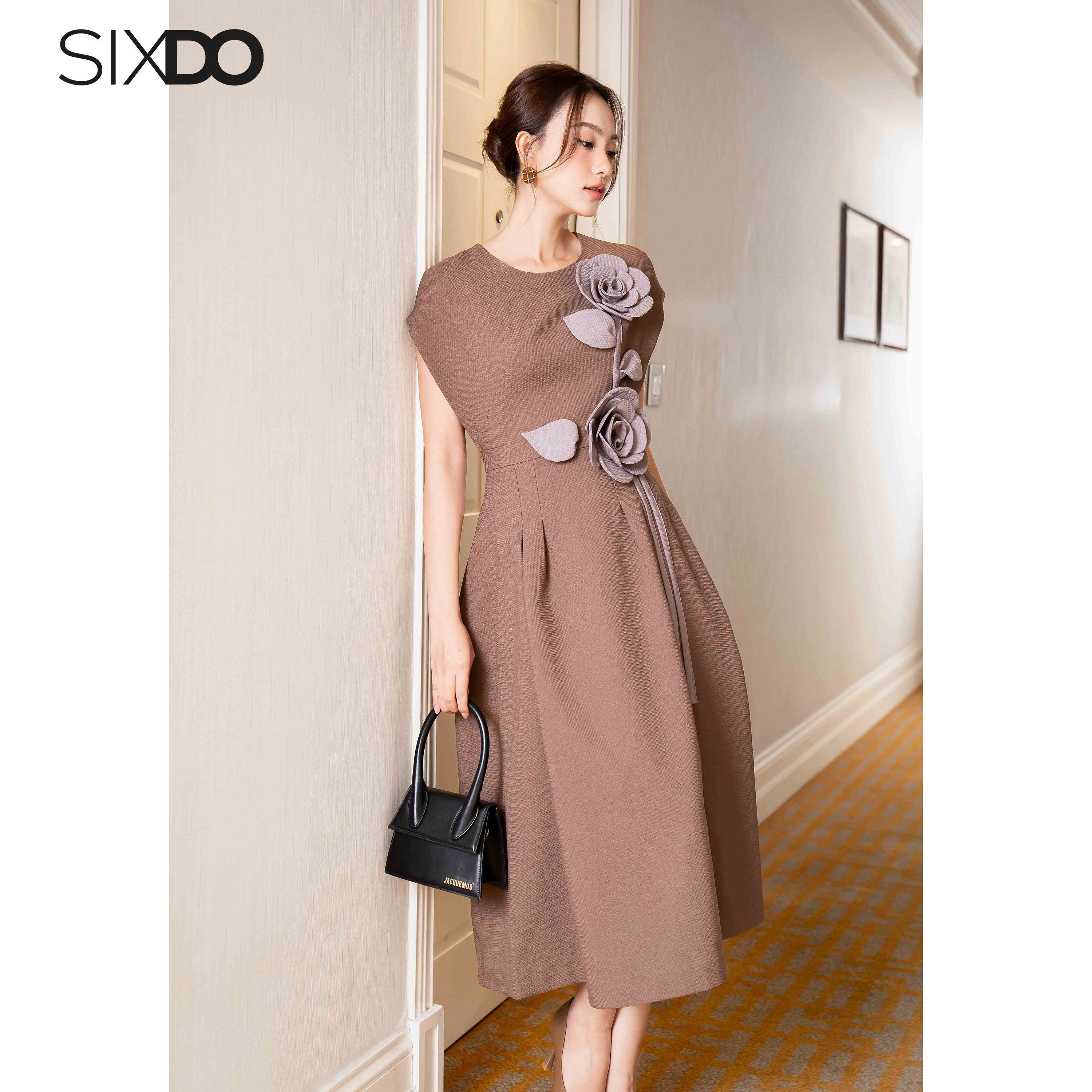Đầm nâu cánh dơi cổ tròn SIXDO (Dark Brown Batwing Midi Raw Dress)