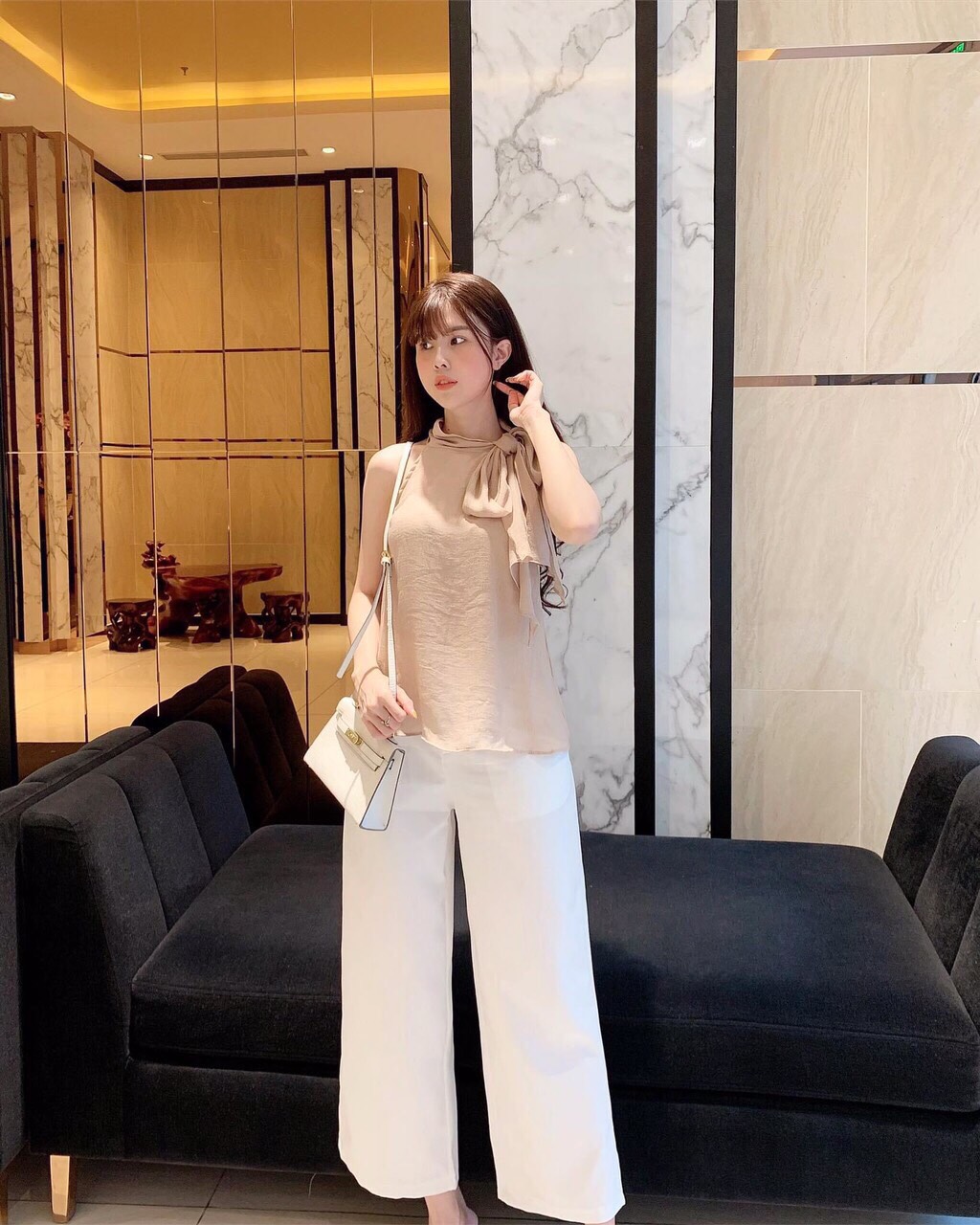 Set công sở áo yếm nơ quần ống rộng