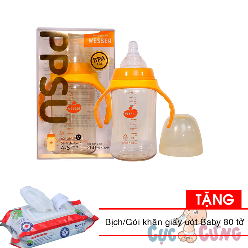 Bình Sữa Wesser PPSU Cổ Rộng 260ml có tay cầm Tặng 1 bịch khăn ướt 80 tờ