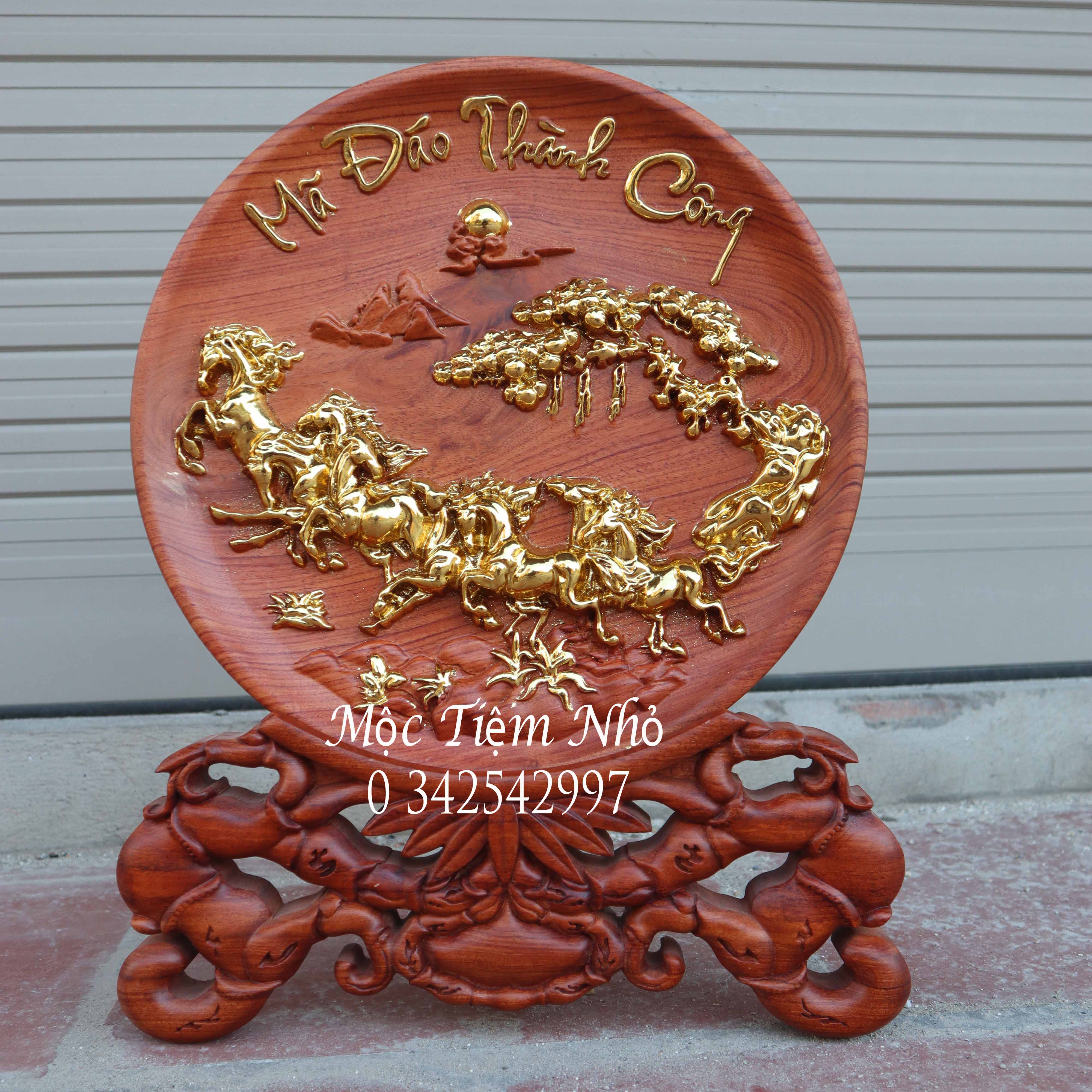 Tranh đĩa bát mãmã đáo thành công gỗ hương đá nguyên khối rát vàng