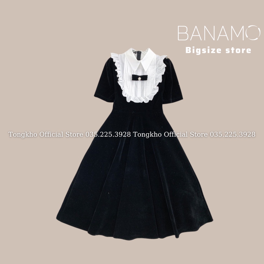 Váy nhung nữ BIGSIZE đầm nhung đen cổ nơ pha bèo trắng tiểu thư 556