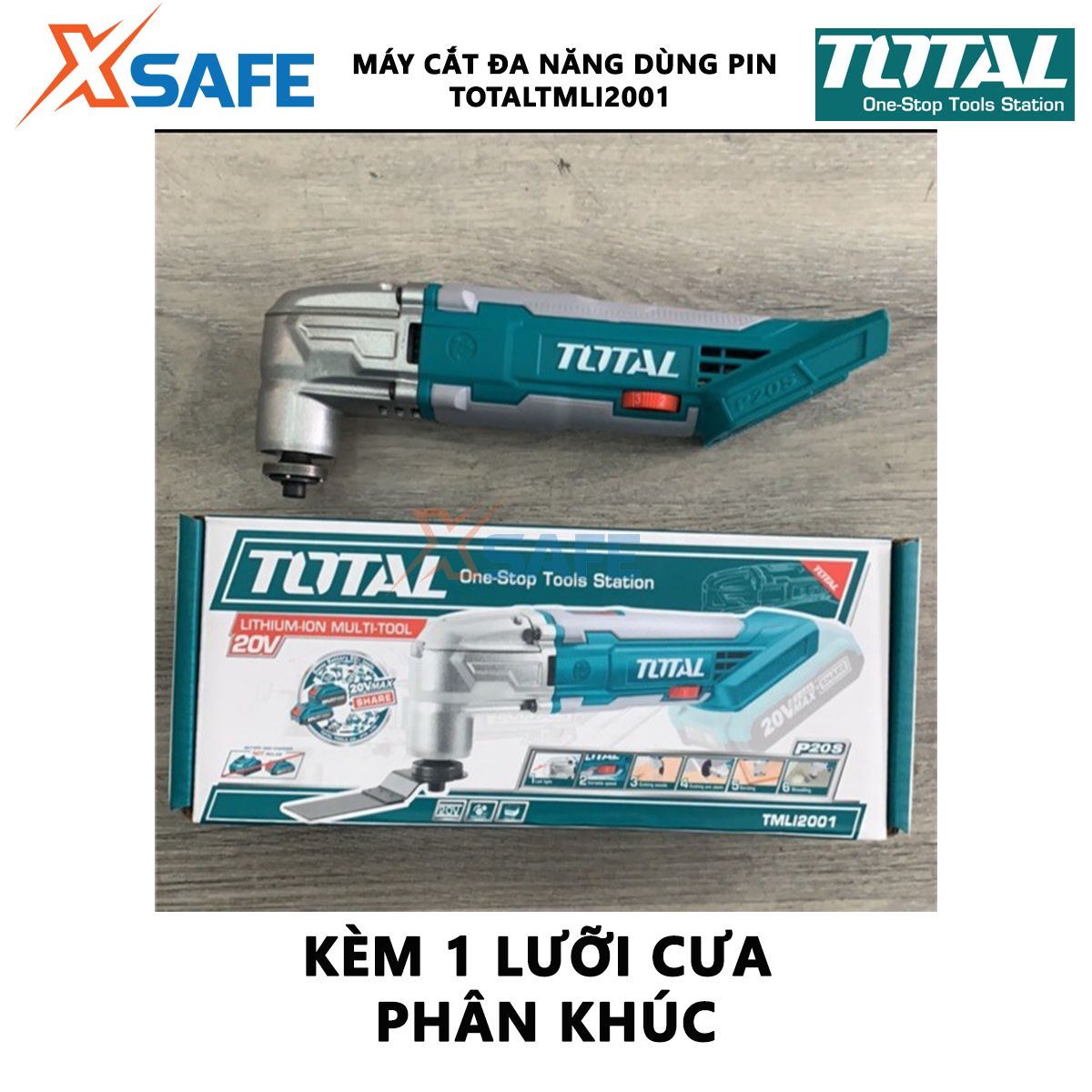 Máy cắt cầm tay dùng pin 20V Total TMLI2001 máy cắt đa năng kèm 1 dao cạo nhám, lưỡi cưa, lưỡi phân khúc, chìa khóa, giấy nhám đồng bằng và 3 giấy nhám, tốc độ không tải 5000-20000v/p, không kèm theo pin và cục sạc