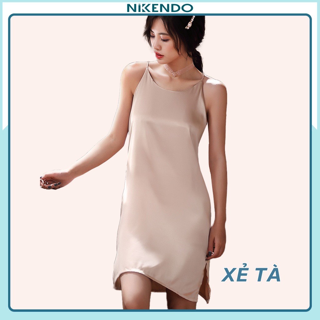 Xả Hàng Đầm 2 Dây Cổ tròn- Đầm Lụa Xẻ Tà Gợi Cảm