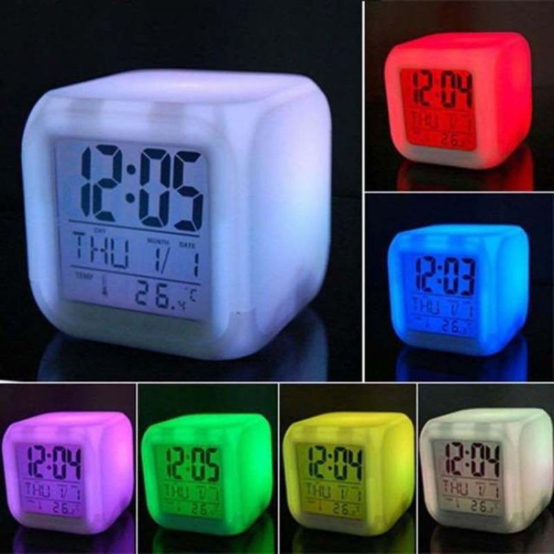 Đồng hồ báo thức hình vuông kết hợp đèn ngủ đổi màu sáng tạo hiển thị nhiệt độ ngày tháng , đồng hồ đa năng Home smart