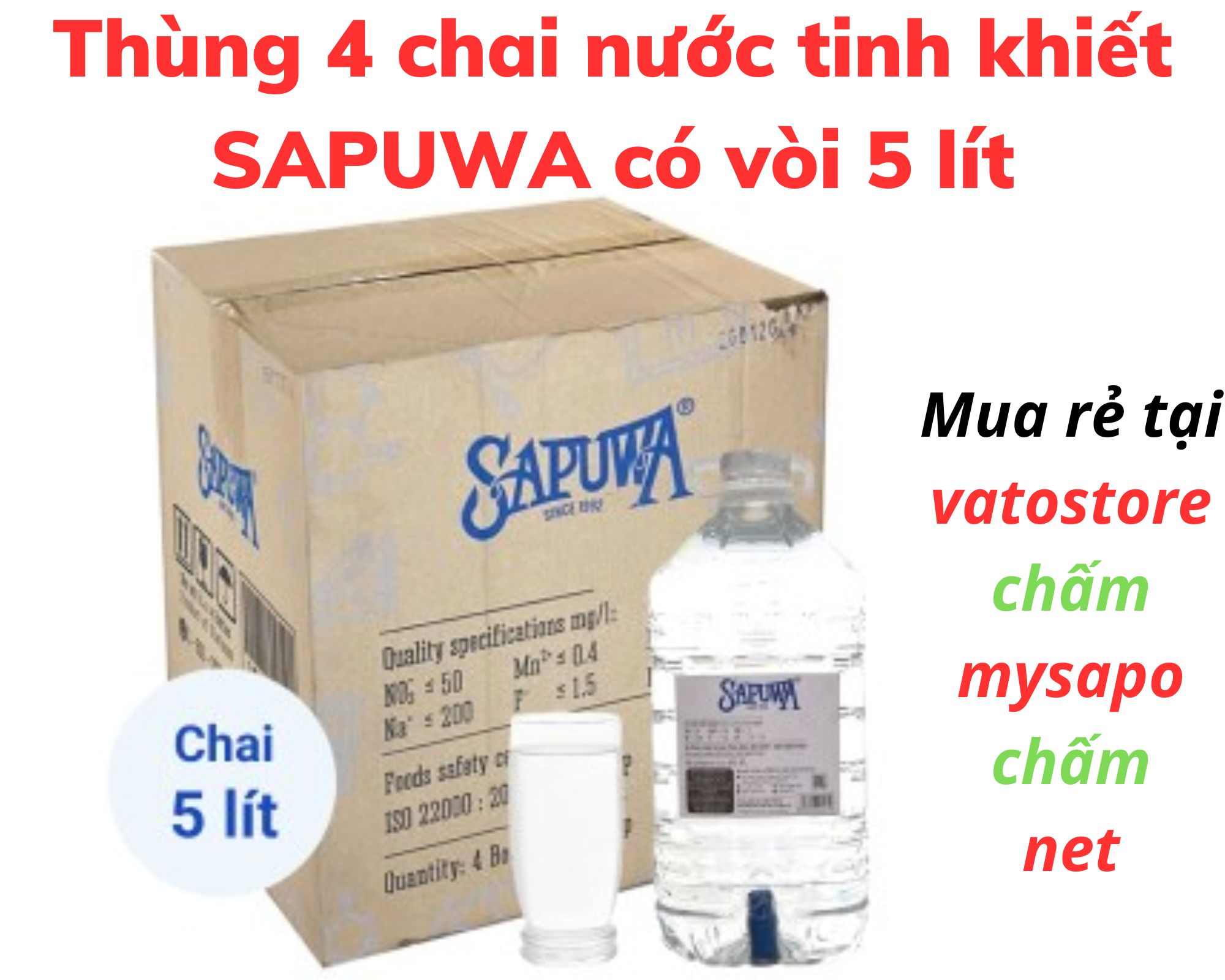 Thùng 4 chai nước tinh khiết SAPUWA 5L có vòi Combo 2 can nước tinh khiết