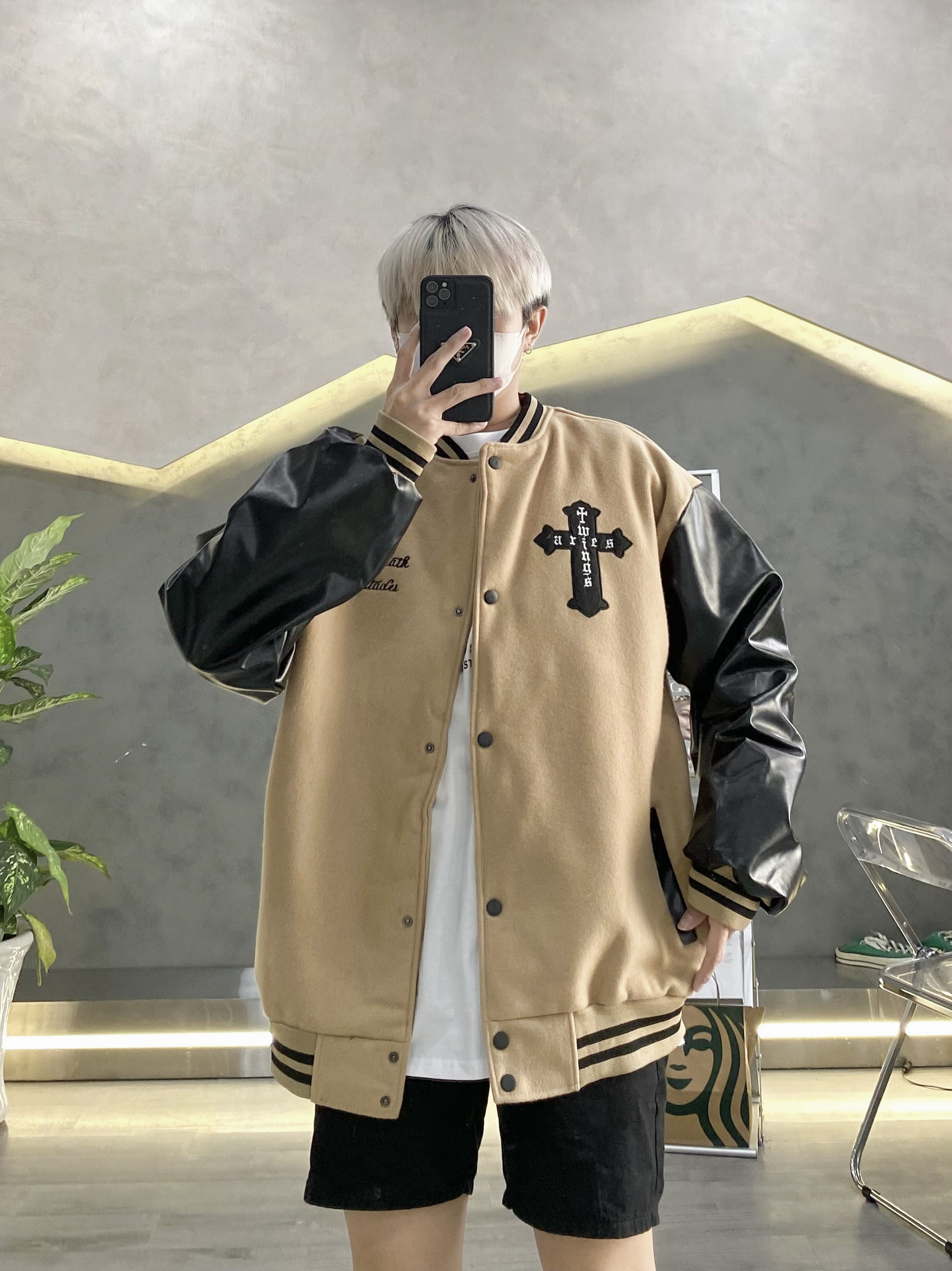 Áo Khoác Bomber Varsity Nỉ Dạ Form Crop Ngắn Phối Tay Da Thêu Hình Full Nam Nữ Unisex