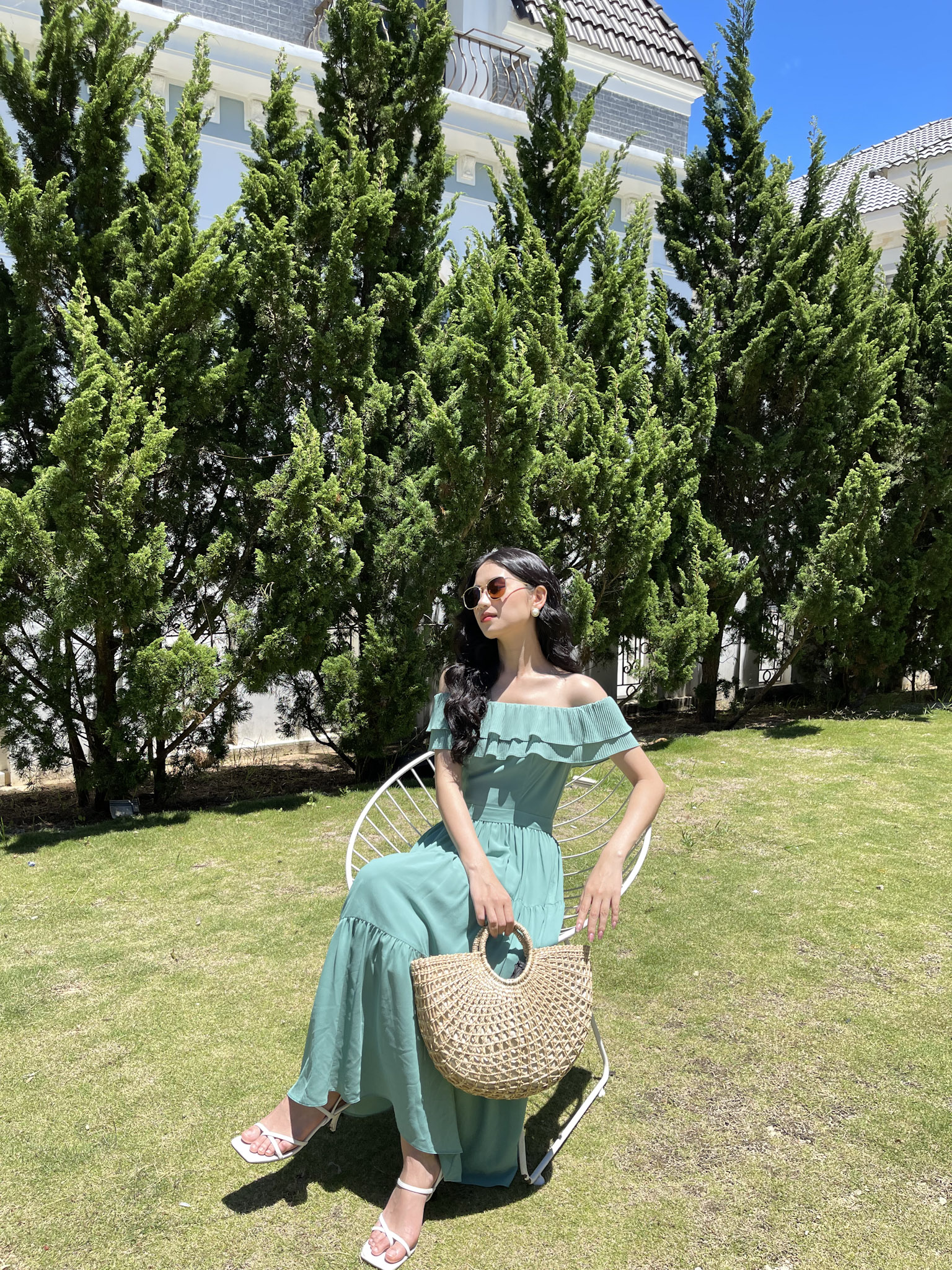 LALYA_D386_ Váy trễ vai dập ly - Xanh