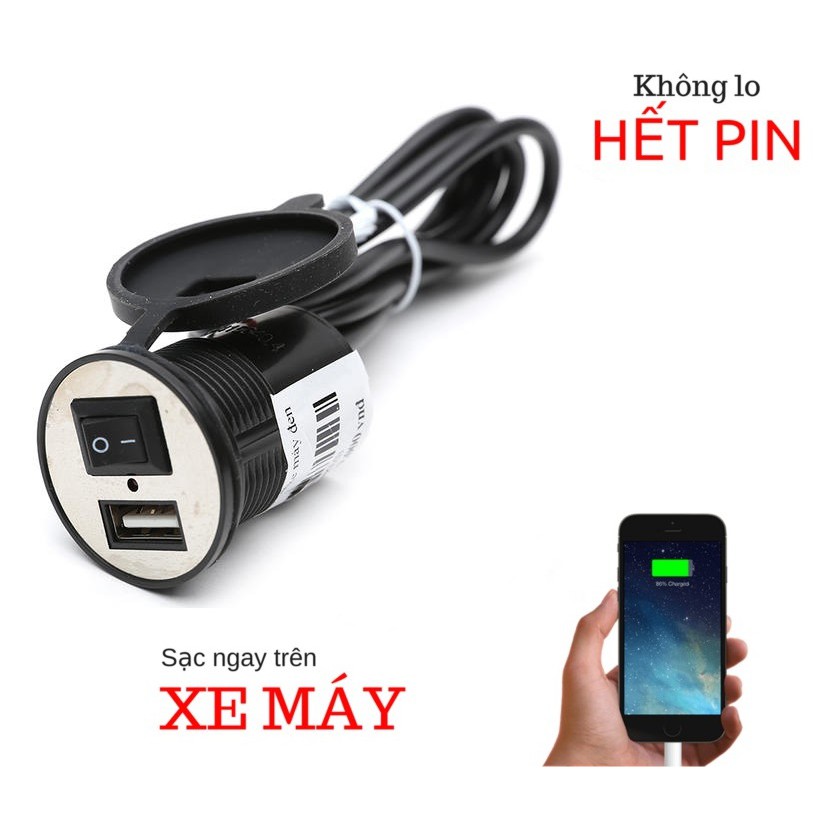 Bộ sạc pin điện thoại lắp trên xe máy cổng usb có công tắc