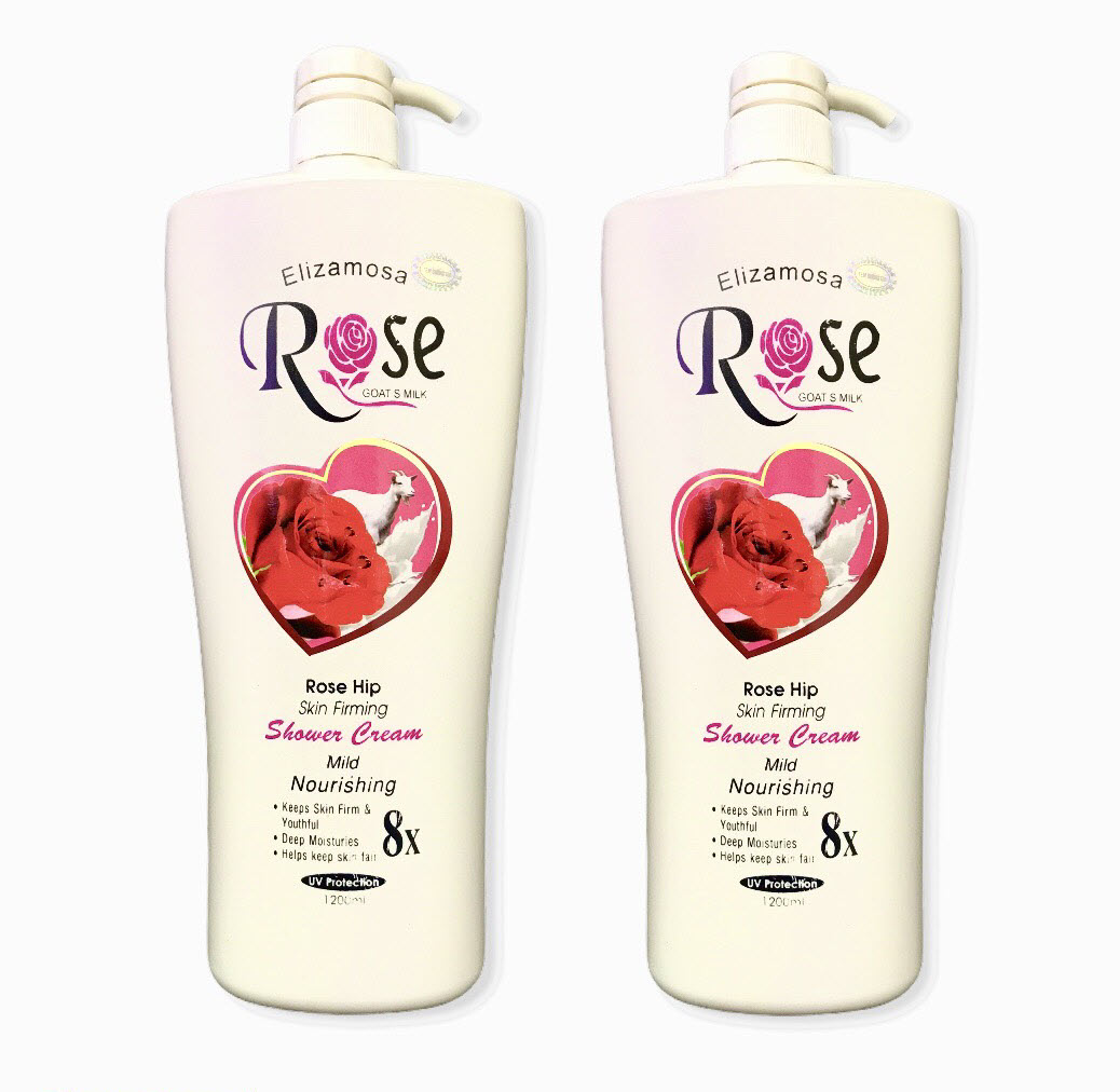 Combo 2 chai Sữa Tắm Dê Cao Cấp ngăn tia UV Elizamosa Rose 8x Goat’s Milk Shower Cream 1200ml Hương hoa hồng