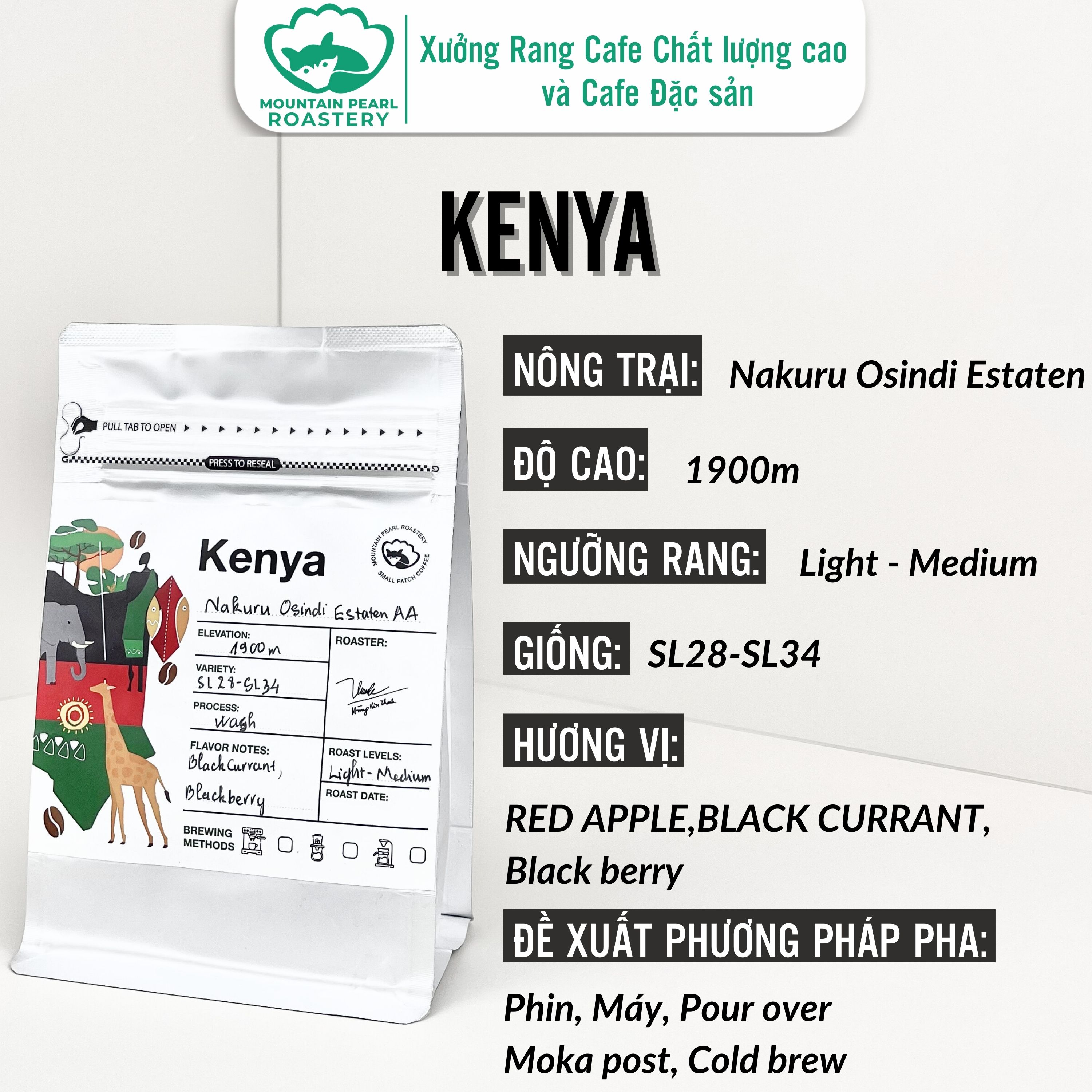 Cà Phê Kenya Kiambu 500Gr – Mountain Pearl Roastery – Rang Medium Hương Trái Cây Chín, Phù Hợp Pha Phin & Espresso