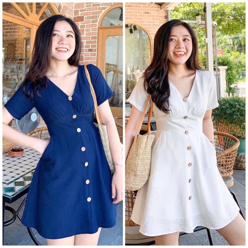 Đầm cổ V nhúng ngực 2 màu