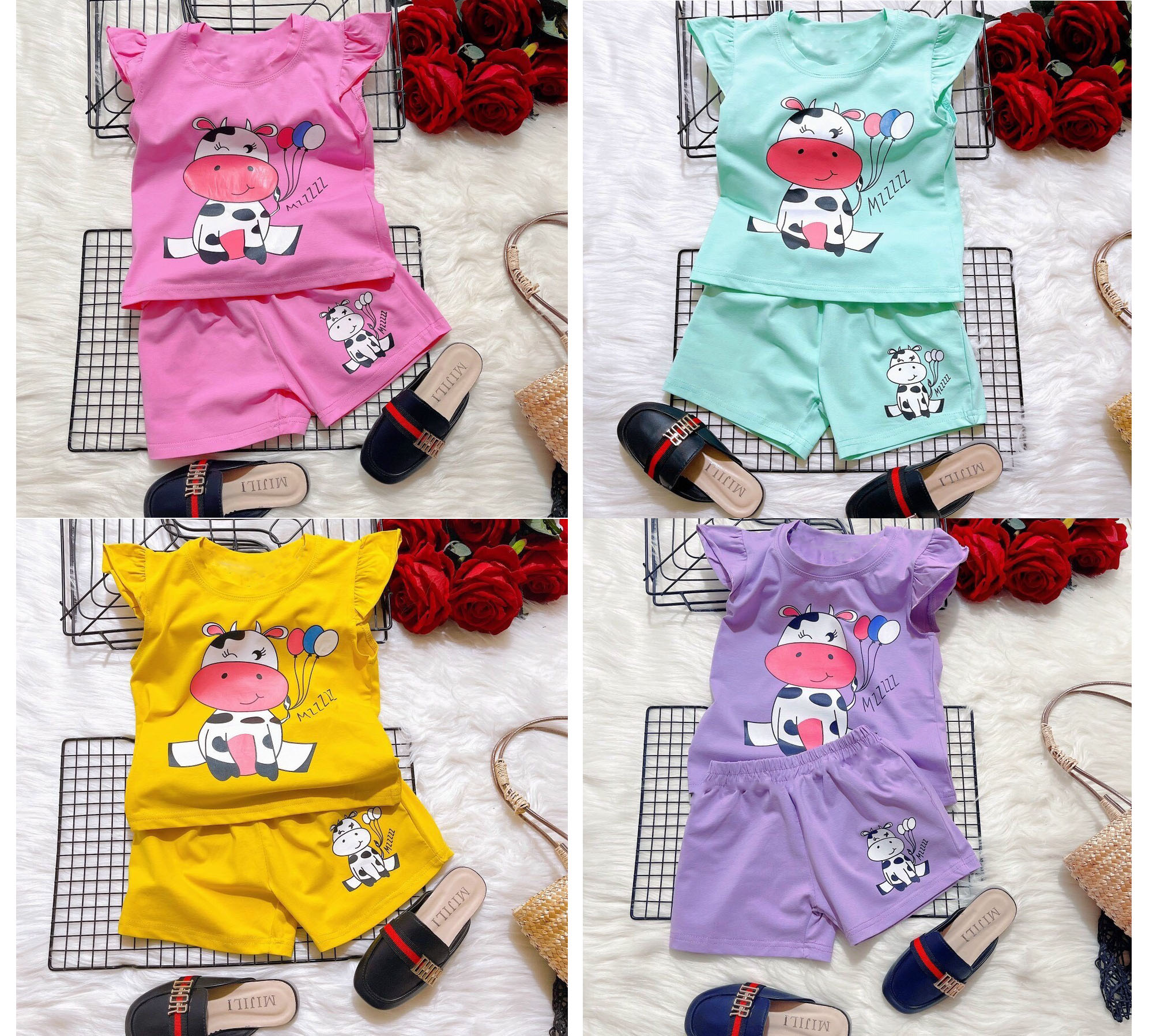 Combo 4 đồ bộ cho bé gái hình bò sữa cho bé từ 6-28kg.bdbg47,