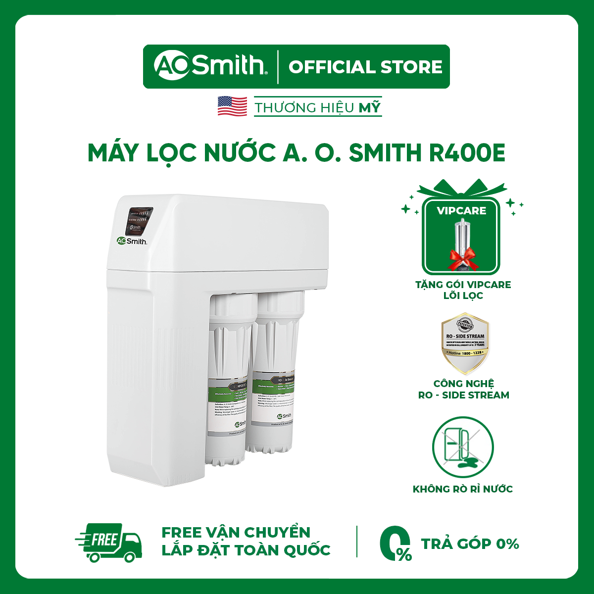 [Trả góp 0%]Máy Lọc Nước A. O. Smith R400E - Tặng Gói Thay Thế Lõi Lọc - Vòi Điện Tử - Màn LED Cảnh Báo Thay Lõi - Siêu Nhỏ Gọn - Không Bình Chứa Công Suất Lọc 66 lít/h - Chuyên Dụng Chung Cư - Bảo Hành 12 Tháng - Free Shipping