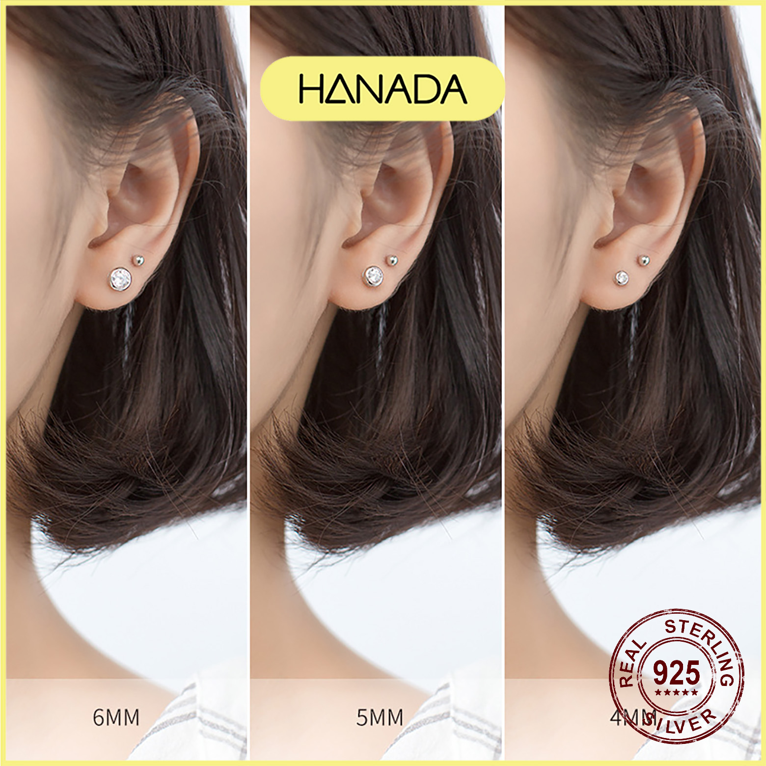 [HCM] Bông Tai Bạc Cao Cấp Hanada Đá Tròn Viền 0404
