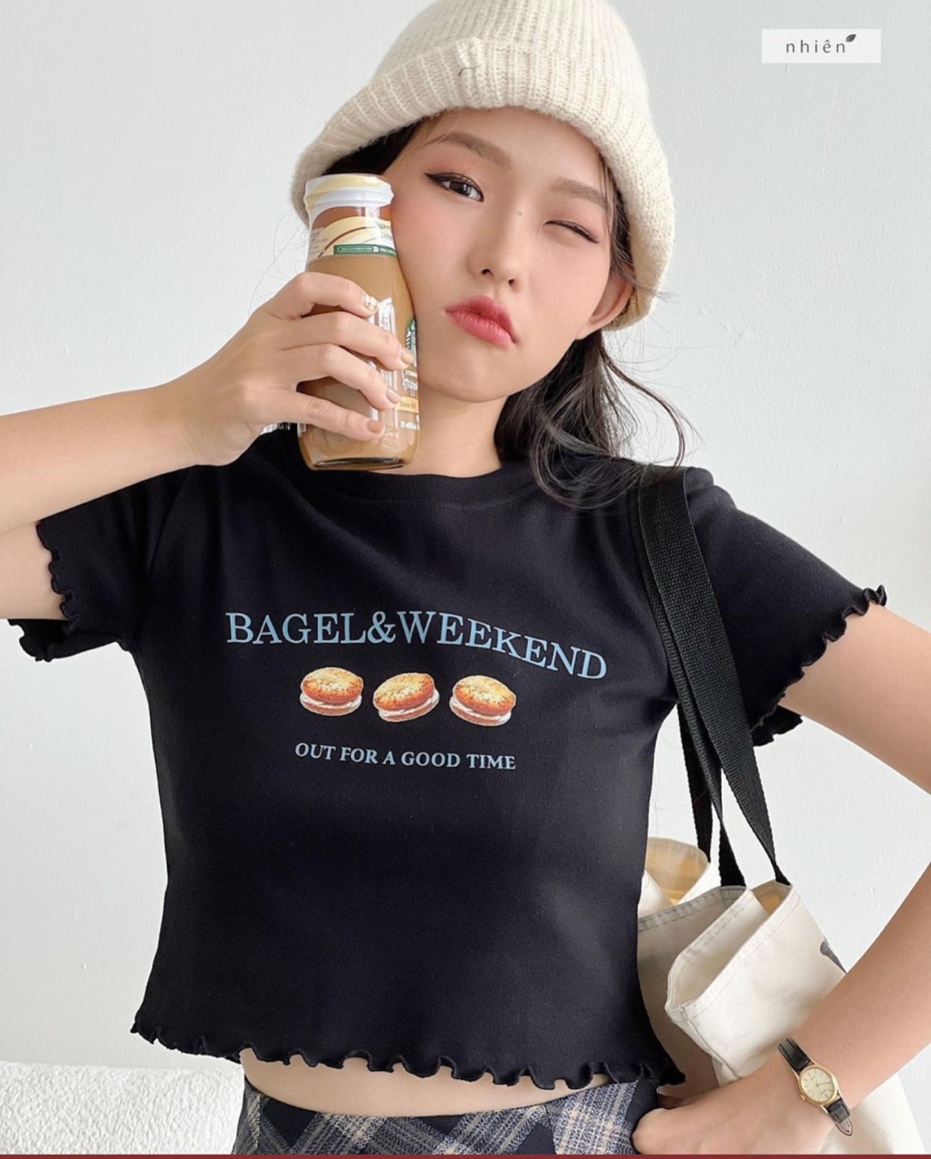 Áo croptop nữ in Bagel Weekend viền bèo AocrtINBAGEL056