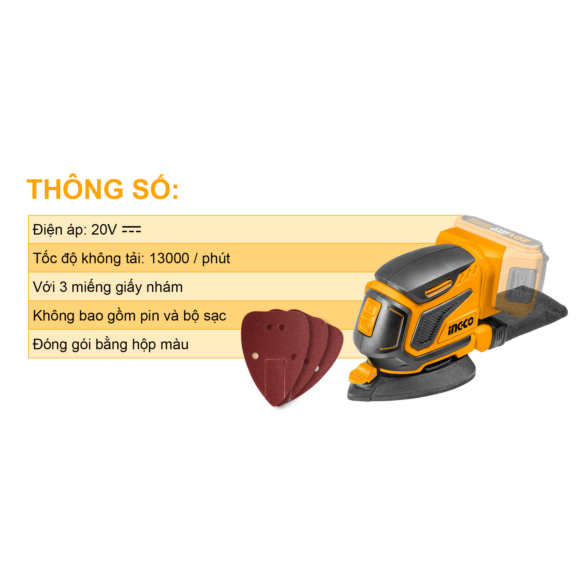 Máy chà nhám góc dùng pin Lithium 20V INGCO CDSLI2051 (không kèm pin và sạc)