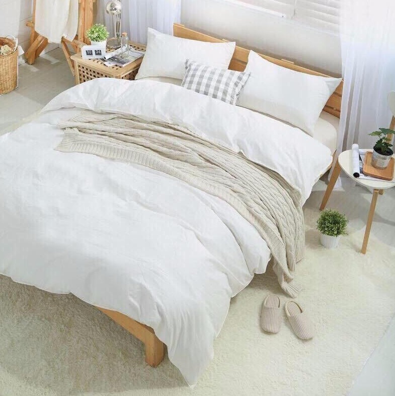 Bộ chăn ga gối phong cách Hàn Quốc basic trắng bo chun đủ kích thước