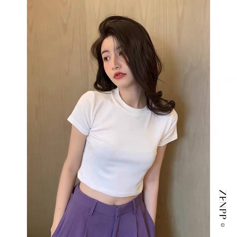 Áo thun cổ tròn croptop tay ngắn basic 5 màu cho nữ