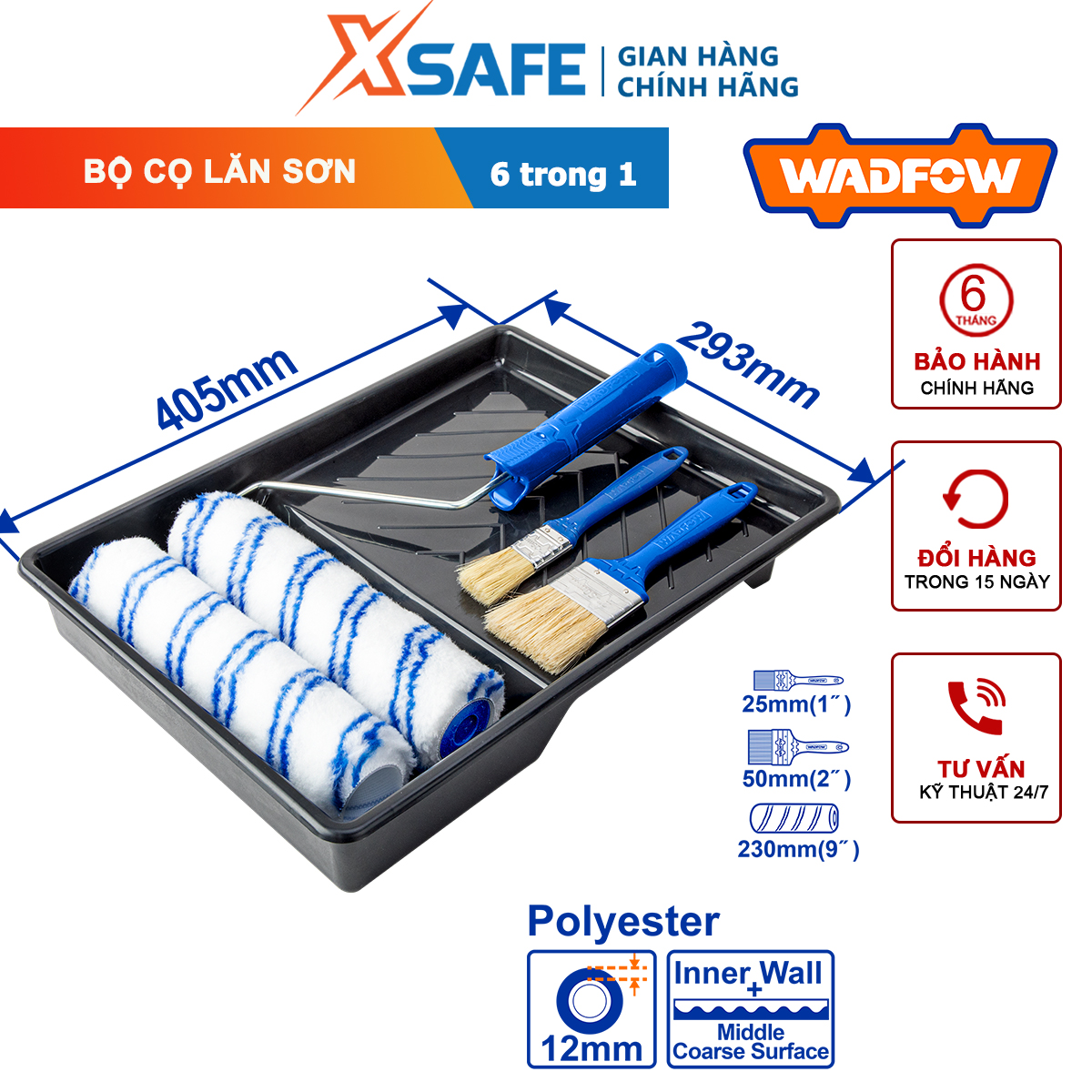 Bộ khay, cọ, con lăn sơn 6 trong 1 WADFOW WCB3H62 đường kính cán cọ 5,3mm dùng chất liệu polyester thích hợp sơn tường bên trong - chính hãng