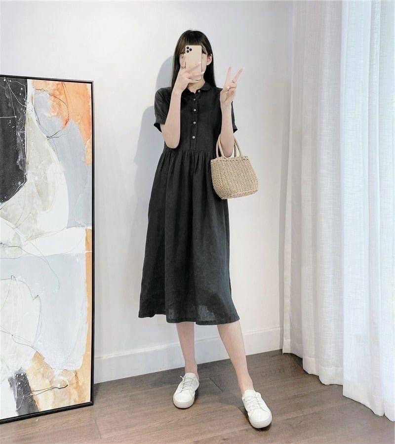 Đầm babydoll nút trắng form dài 2 màu