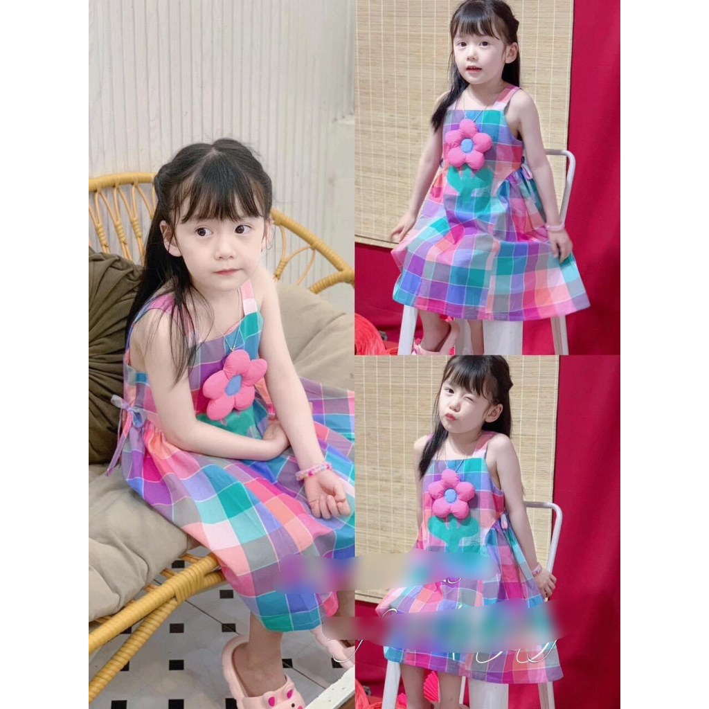 Váy hai dây bông hoan đính bông hoa nổi size 10-18kg)