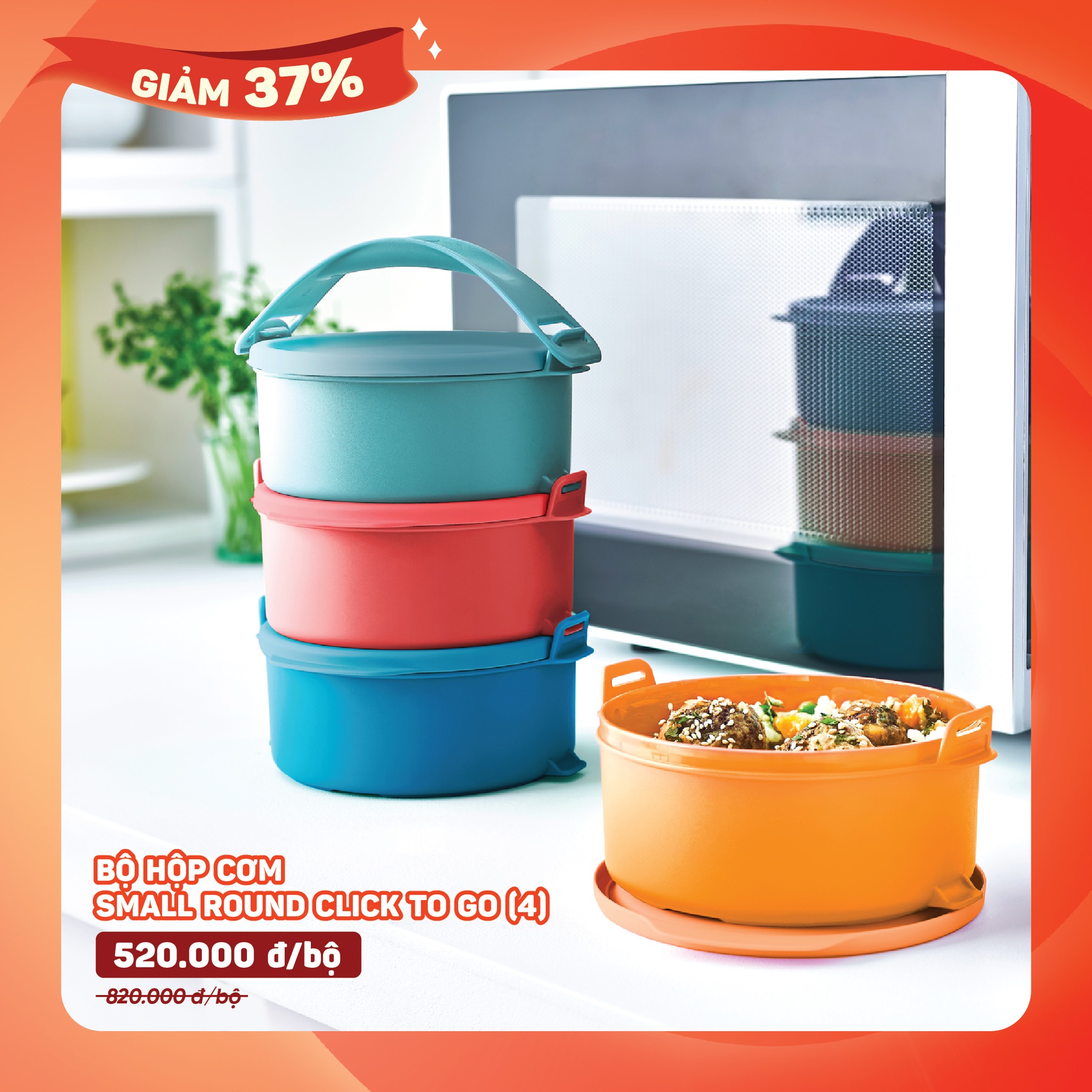 [Nhập RS0822 giảm 30k cho đơn 99k]Bộ hộp cơm Tupperware Small Round Click To Go 550ml - Màu mới