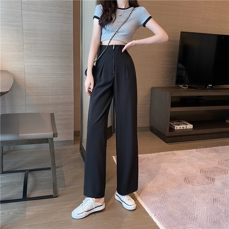 Quần ống rộng nữ lưng cao CHAT khóa nhôm giữa dài vải tuyết mưa đẹp Hàn Quốc Q6666