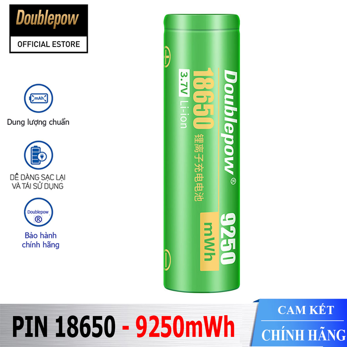 Pin sạc Lithium 18650 - 9250mWh đầu bằng Doublepow, pin dung lượng thực (01 viên)
