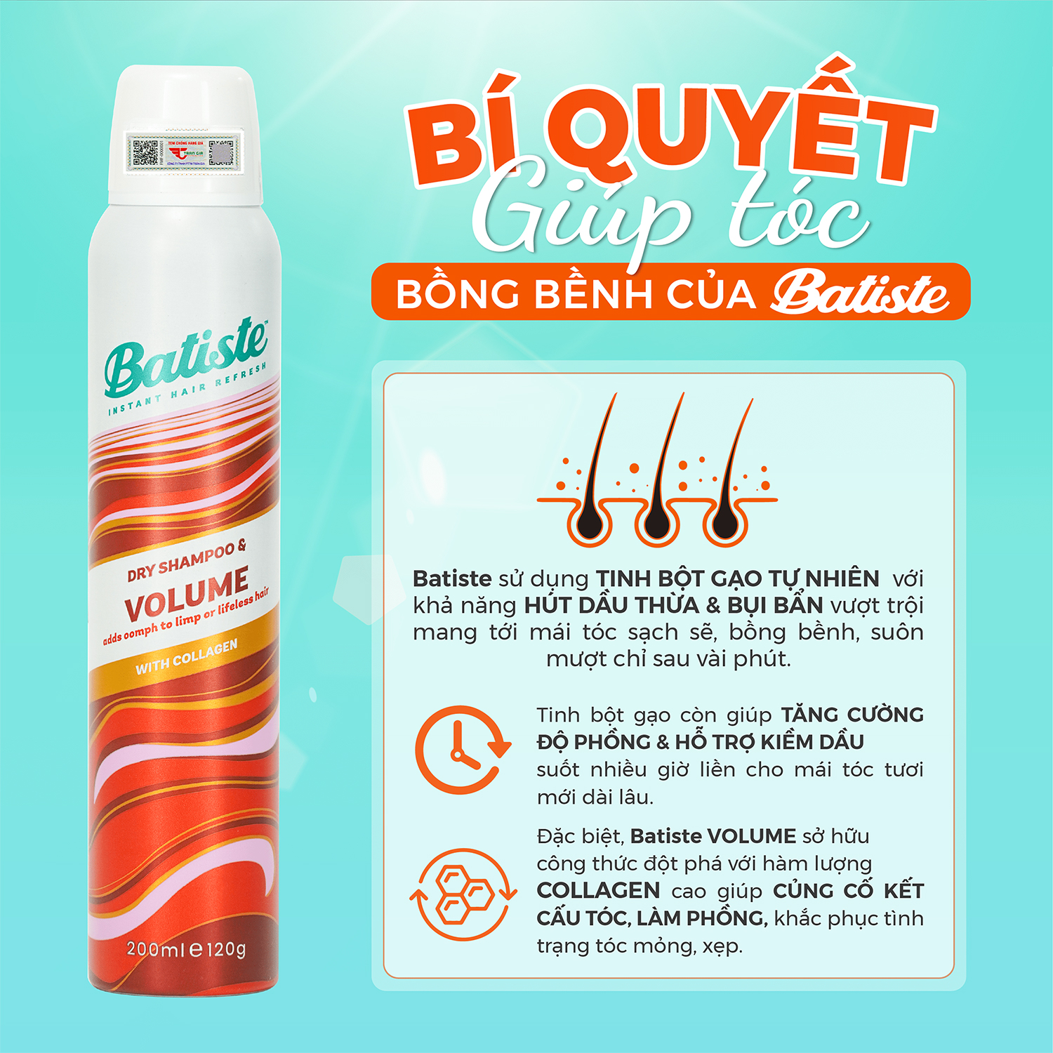 Dầu Gội Khô Batiste Dry Shampoo VOLUME Giúp Làm Phồng Tóc 200ml