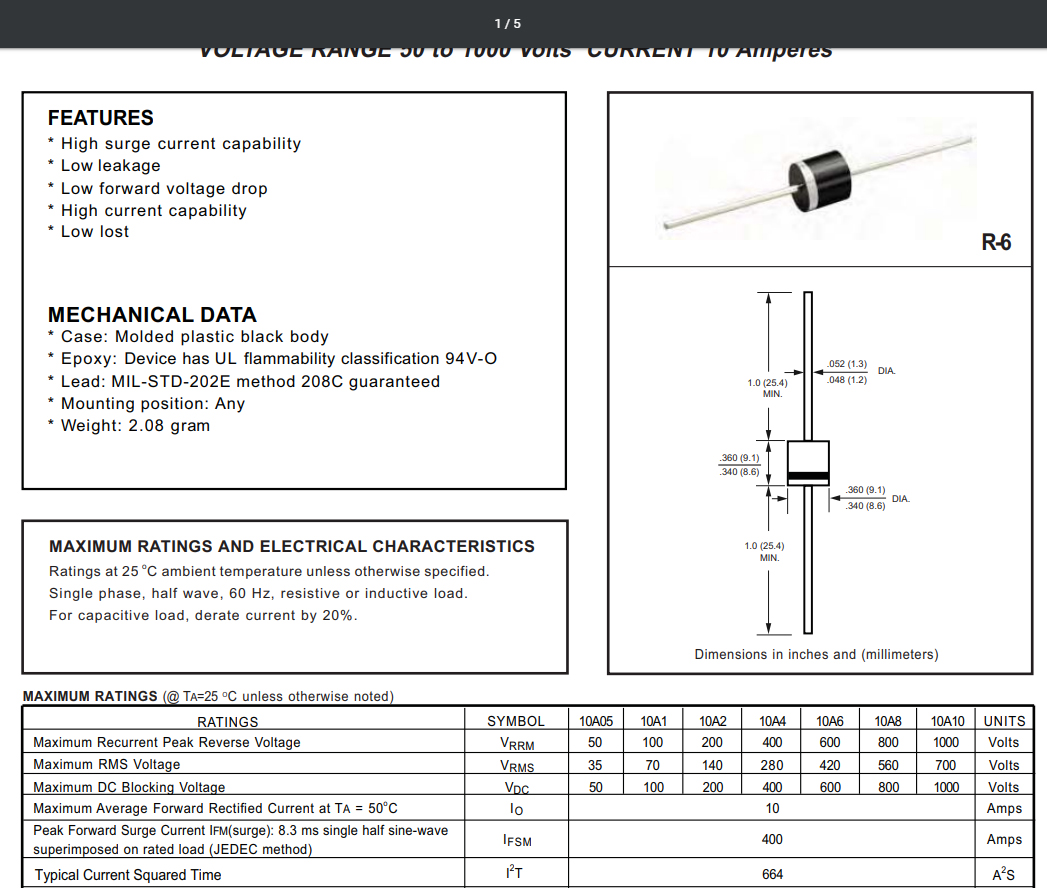 Đi ốt - Diode chỉnh lưu 10A10 10A 1000V