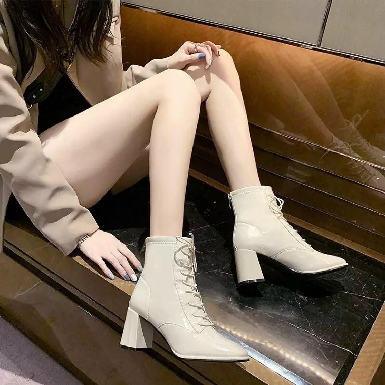 boot (bốt) dây buộc da bóng khoá sau (hàng QC full box) gót 7p
