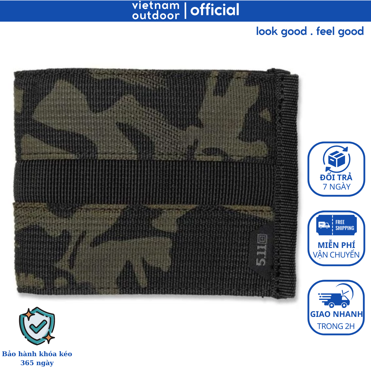 Ví Nam Cao Cấp 5.11 TACTICAL TRACKER BIFOLD MULTICAM Thời Trang Khóa YKK Bền Bỉ Chống Thấm Nước