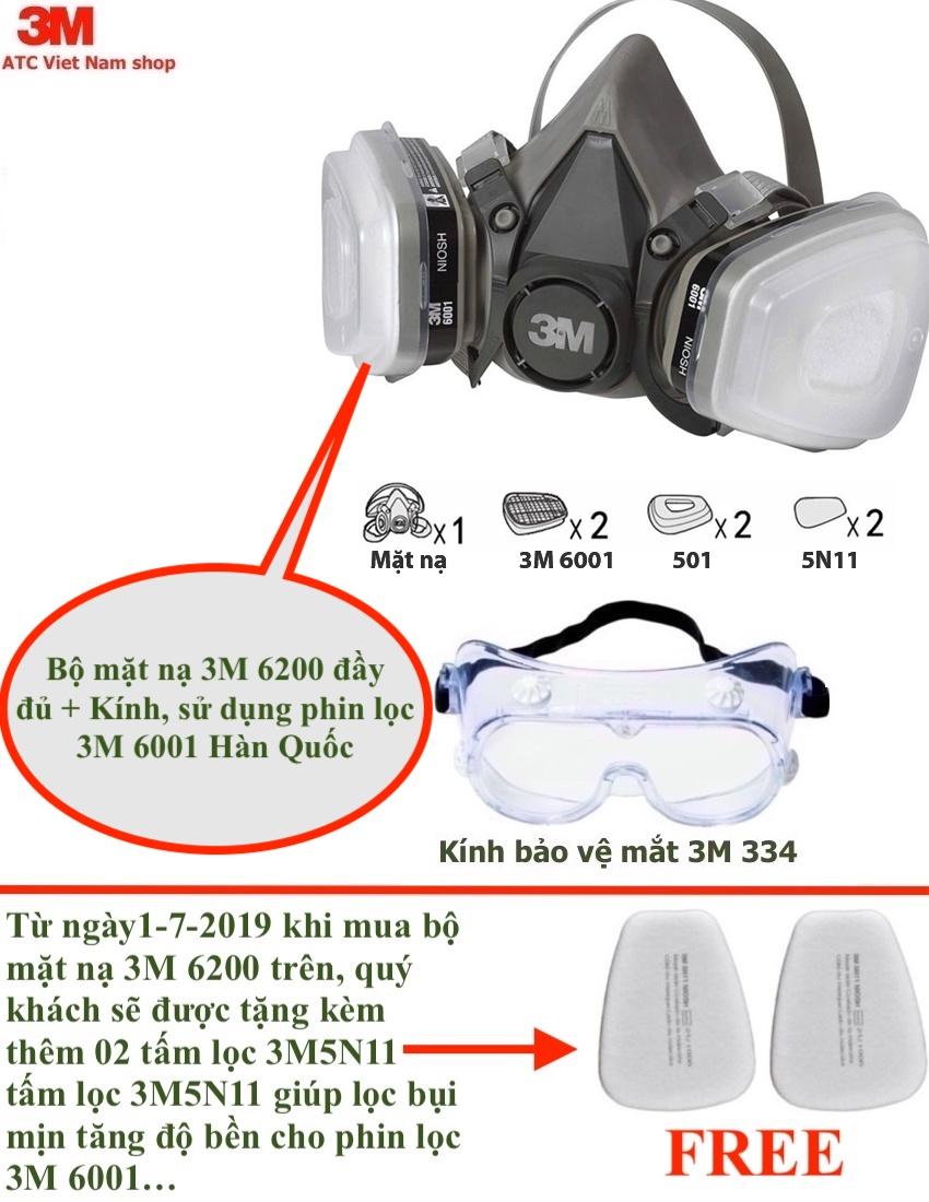 Bộ Mặt Nạ Lọc Phòng Độc 3M 6200 sử dụng 02 Phin Lọc 6001 Hàn Quốc có kèm 01 Kính Bảo Vệ Mắt Phòng Độc, Chống Khói Đám Cháy Cho Gia đình, quán karaoke, Chung Cư toà Nhà ( Xám )