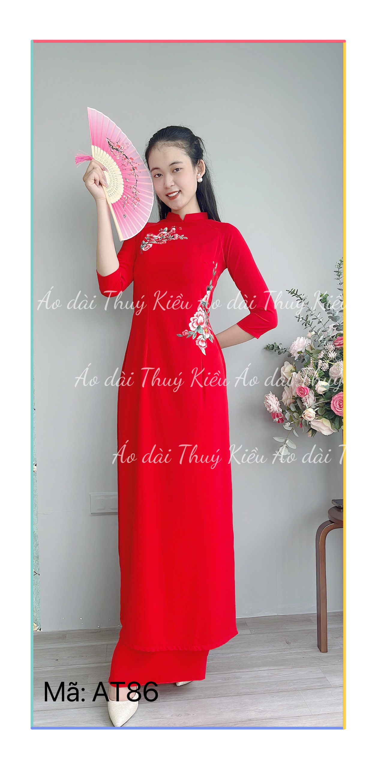 AT86 Áo dài Thuý Kiều thiết kế nền đỏ thêu hoa đỏ nhí lụa mỹ truyền thống may sẵn