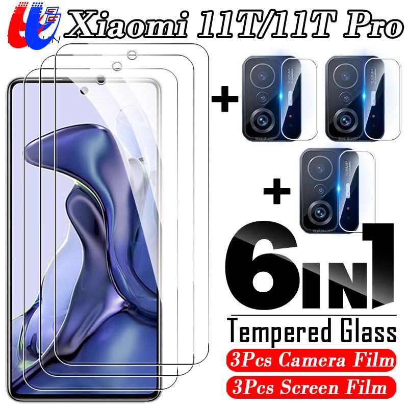 For Xiaomi 11T Pro 6 In 1 3Pcs Front Safety Glass Screen Protector Film+3Pcs HD Camera Lens Protection Film For Xiaomi 11T Pro 6.67inch Full Cover Clear Tempered Glass &Clear Backs Lens Film