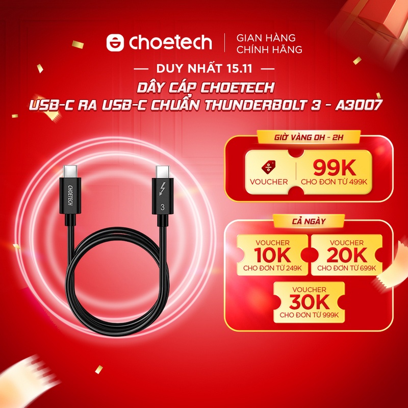 Dây cáp CHOETECH USB-C ra USB-C chuẩn Thunderbolt 3 - A3007 (Tất cả các sản phẩm di động)