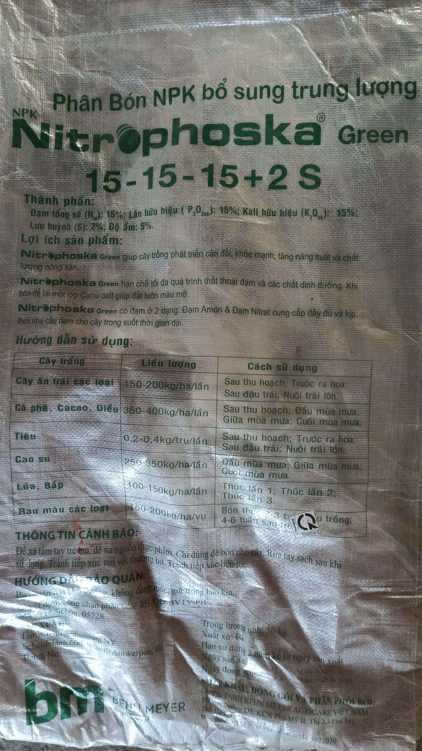 Phân bón NPK 15.15.15 + 2S BM Đức - 1kg - Túi zip