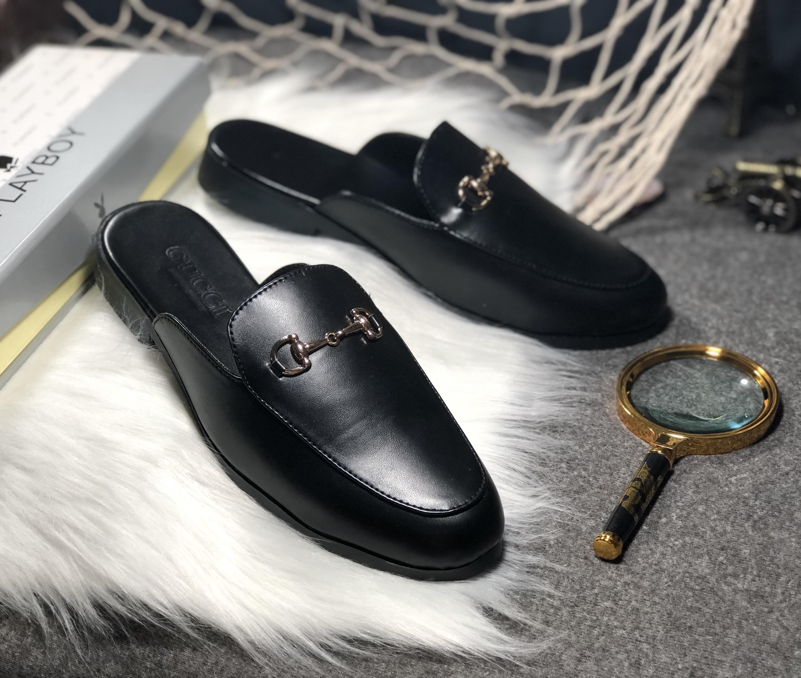 Sục nam Giày sục nam lười da gắn xích gót in chìm GG Shyn Store