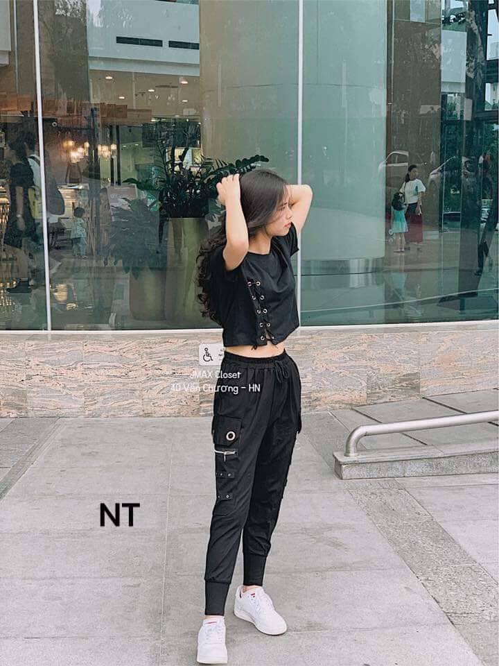 [HCM]Set Bộ Quần Kiểu Nữ Và Áo Croptop Phối Dây Cá Tính