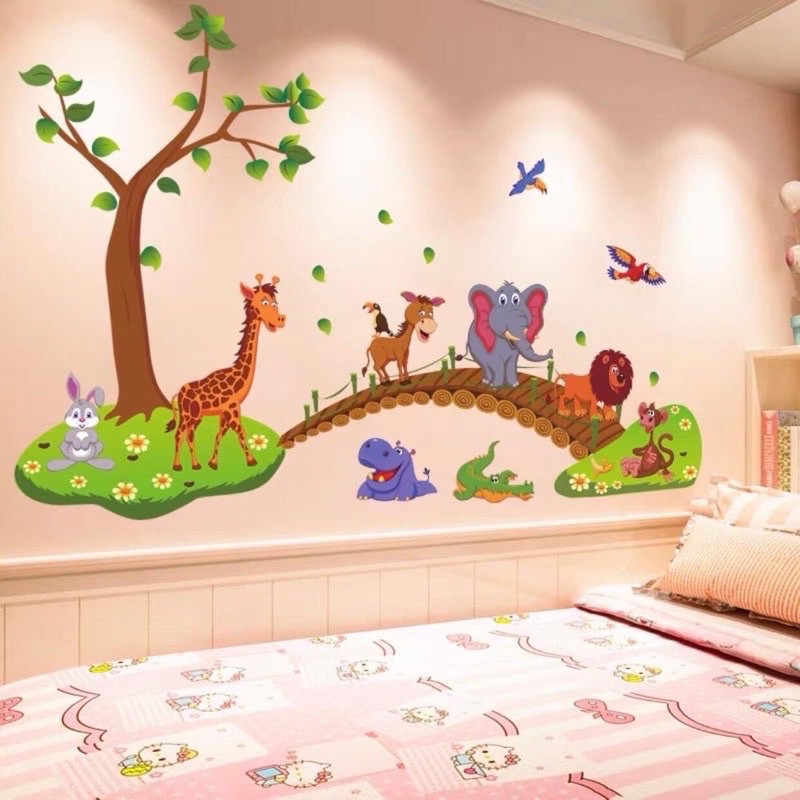 Decal dán tường cho bé thú qua cầu và thú tiếng anh