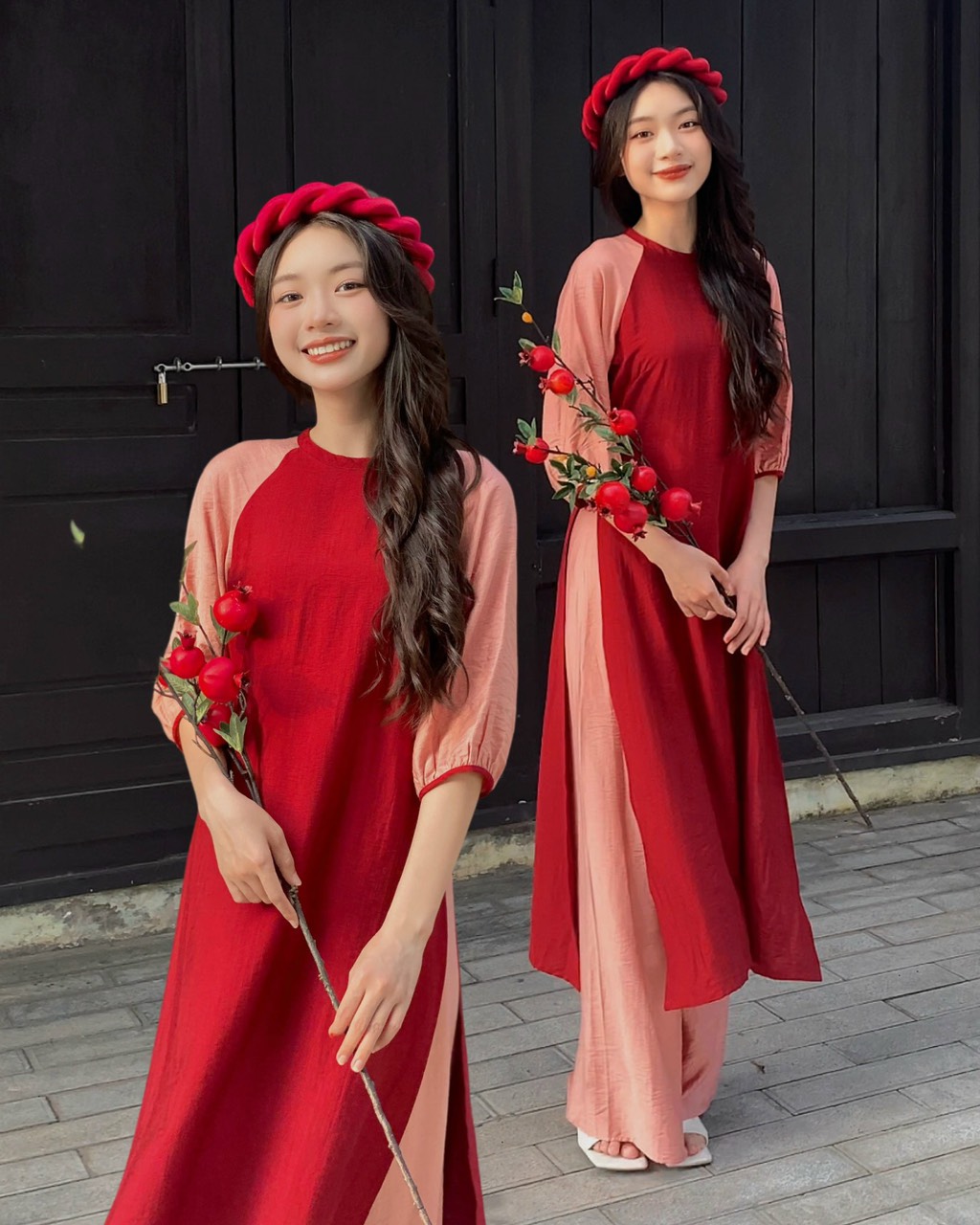 Áo dài cách tân nữ dáng suông tay bồng, cổ bèo, phối tay lỡ lụa voan tơ, Áo dài tết truyền thống Lan Ngọc màu Xanh Cốm và Đỏ