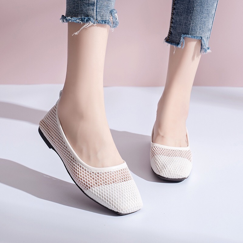 Giày búp bê mũi vuông chất lưới thoáng chân