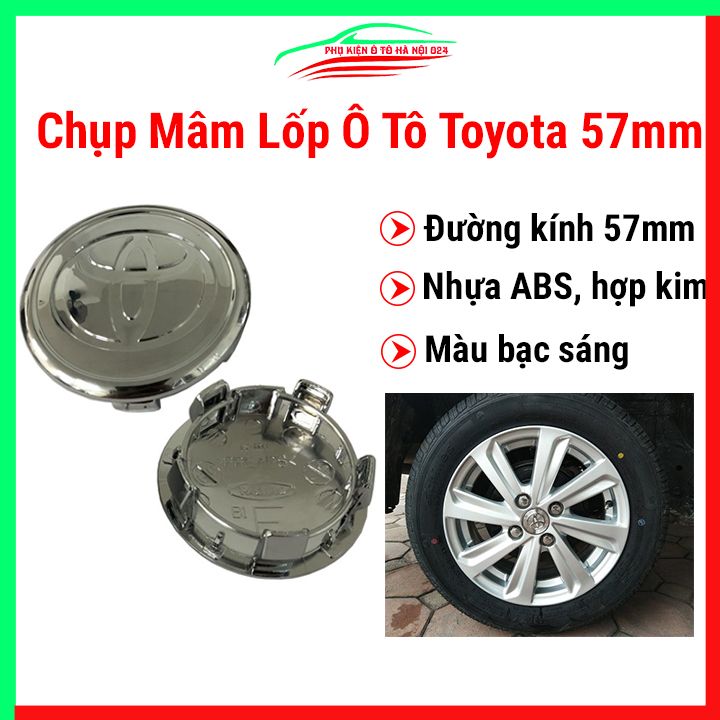 Chụp mâm ô tô logo Toyota đường kính 57mm màu bạc cho xe Vios, Yaris, Altis