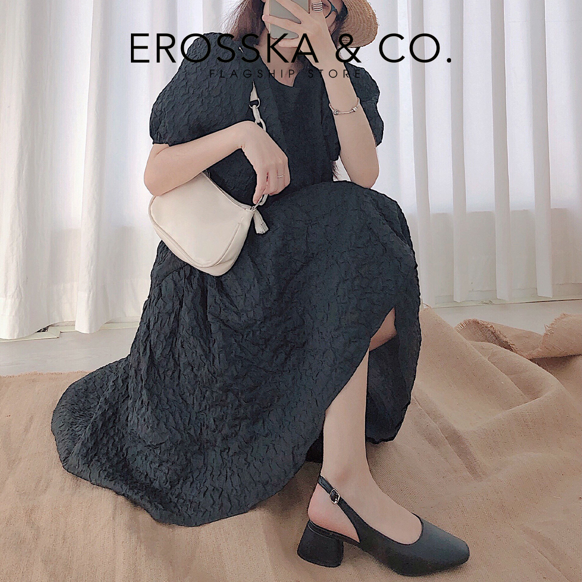 Giày cao gót slingback Erosska mũi vuông gót vuông vững chắc màu kem cao 5cm _ EL013