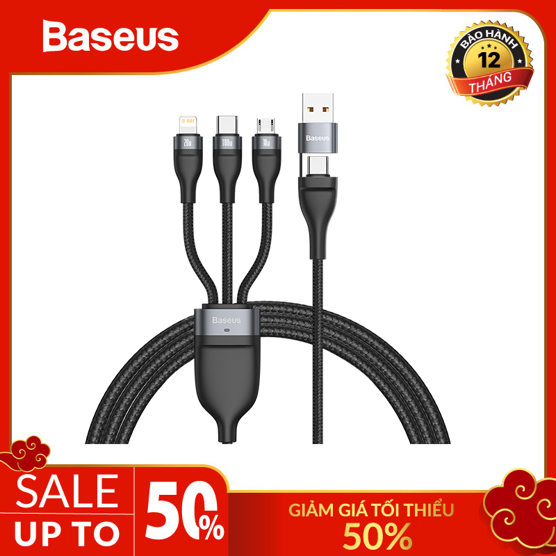 Cáp sạc nhanh 3 đầu Baseus Flash Series 3in1 Plus (USB+ Type C to Micro+Lightning + Type C, 100W Quick Charge and Data C